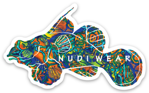 Bright blue and orange Mandarinfish sticker with the word NUDIWEAR on the side