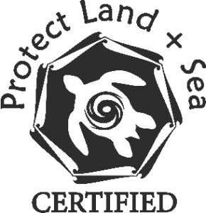 The HEL Lab Protect Land and Sea certification. It features an illustrated turtle inside a black heptagon with the name of the certification circling the image.