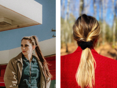 Side-by-side images of women with ponytails. The left image shows a woman with a high ponytail, facing the camera. She has long brown hair and is wearing a beige jacket. The woman on the right is facing away from the camera. She has a low ponytail and is wearing a red jacket.If you're a female scuba diver with long hair, these positions are ideal for keeping your out out of your mask strap.