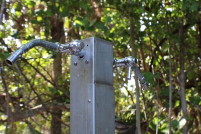 Pictured is an outdoor shower spigot, something you might see at a beach park. There are tropical trees behind it. The spigot is tall, gray, metal, and somewhat weathered. If you're a female scuba diver, you might use one of these to rinse your hair before diving.