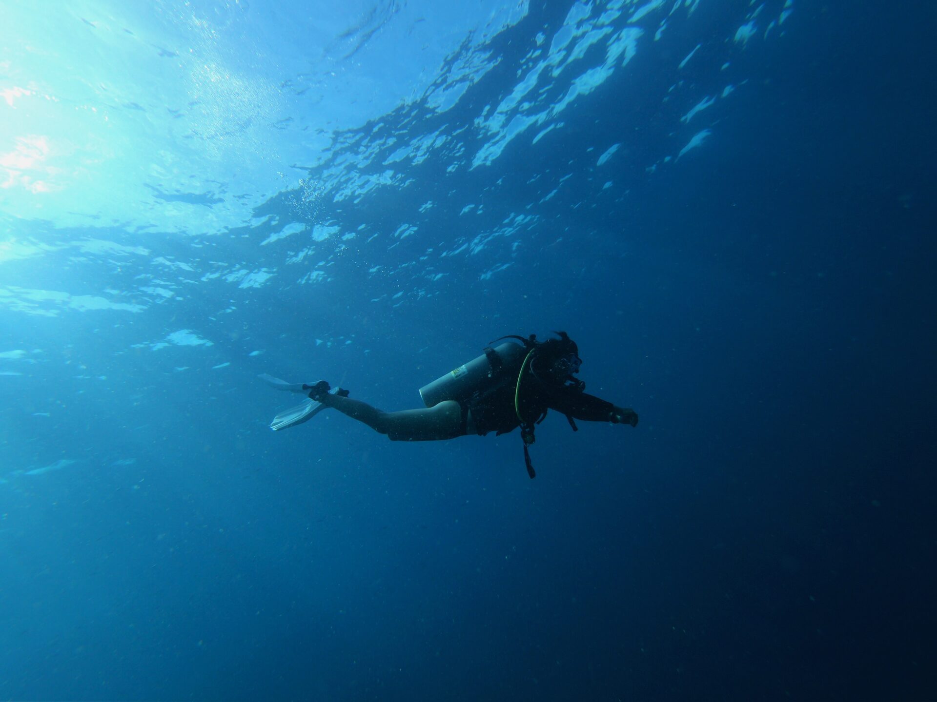 A female scuba diver floats alone in a clear, blue sea. There is only water around her. We can see the sun’s rays coming down from the surface. She is facing to the right and is completely horizontal as she swims.
