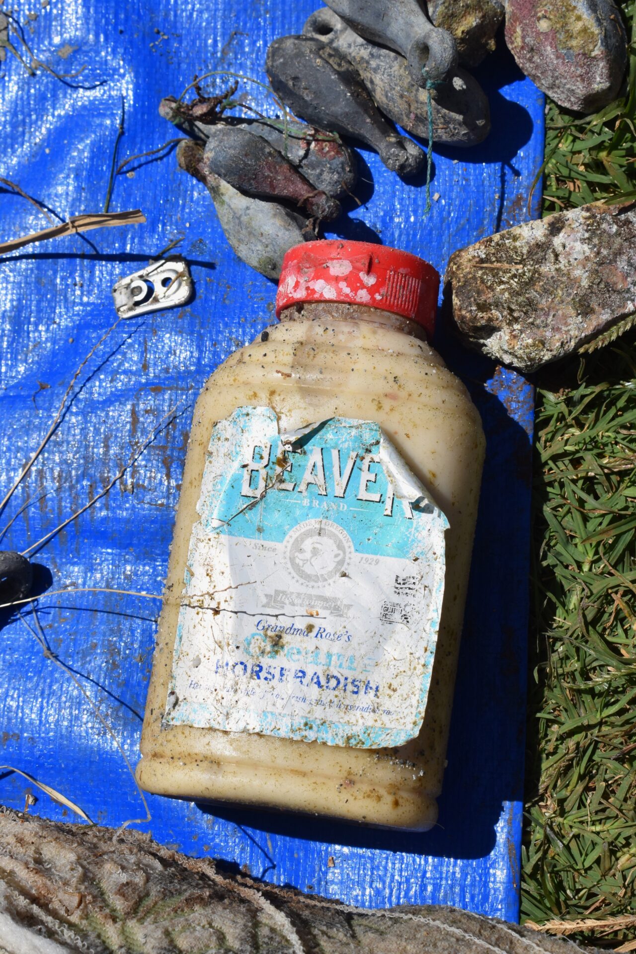 A plastic bottle of horseradish that was removed from the ocean during a Nudi Wear cleanup dive at a popular dive site on Oahu