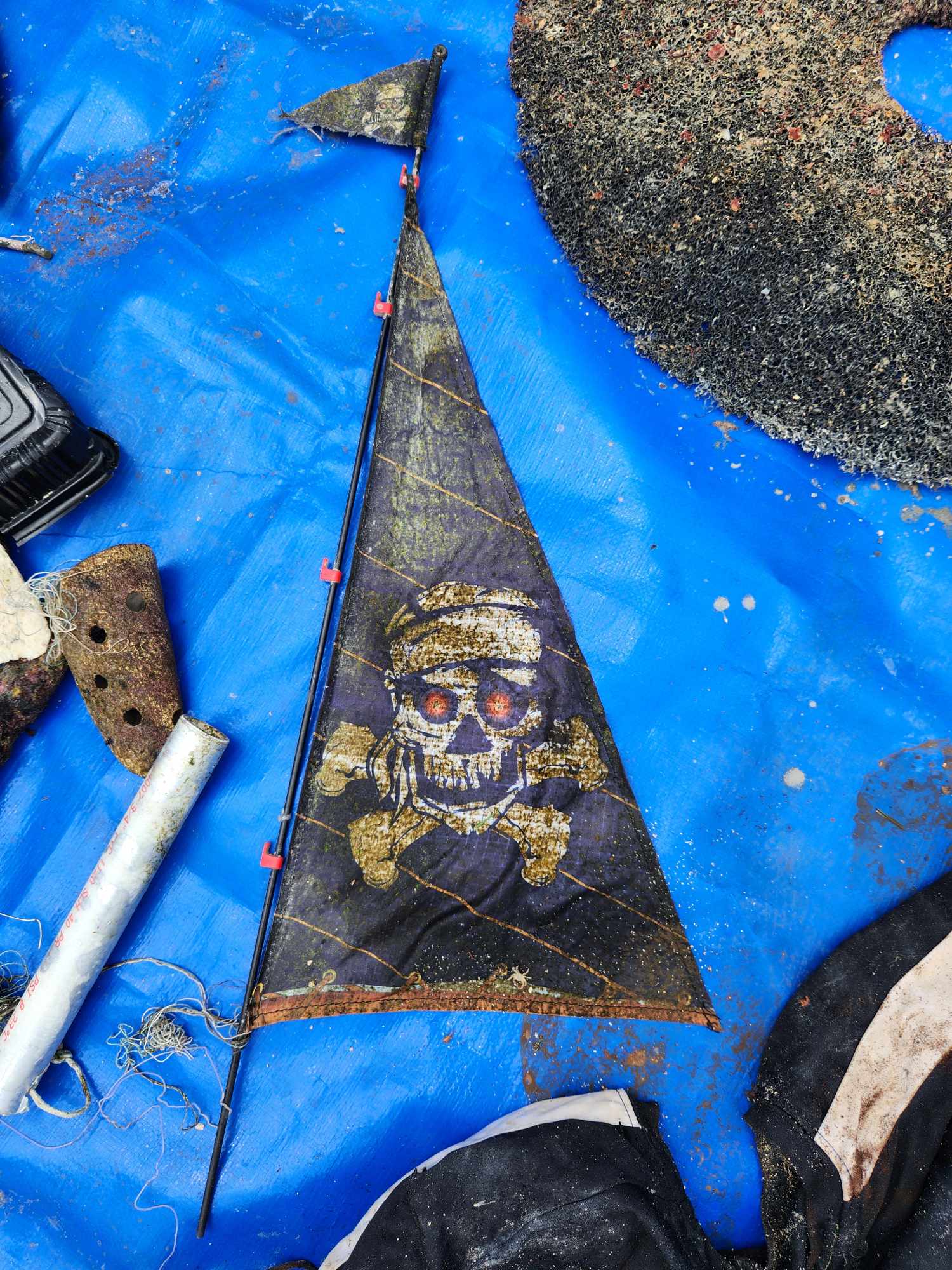 A pirate flag that was found in the ocean by divers