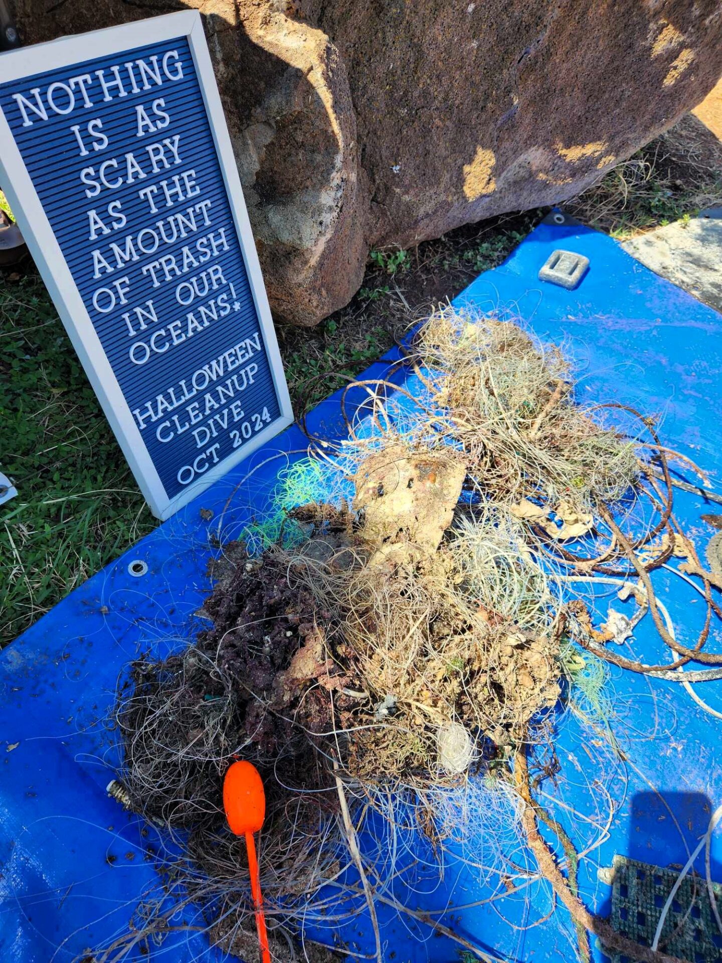 A sign stating that there is nothing more scary than the amount of trash found in the ocean!