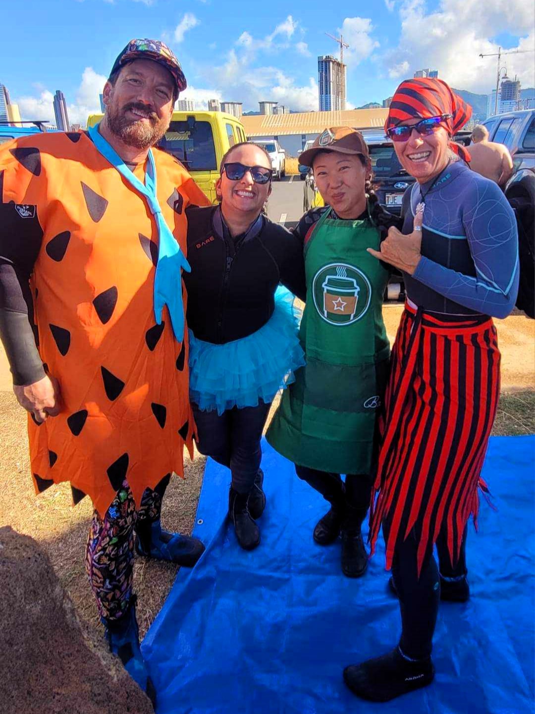 Fred Flinston, a ballerina, a barista, and a winch at the Nudi Wear Halloween cleanup