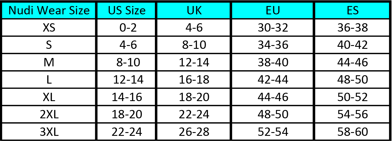 Nudi Wear Women's Leggings Size Guide